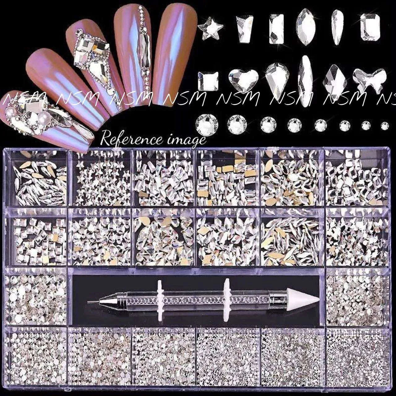 Multiple Sized Silver Rhinestones And Stone Picker Nail Art Set