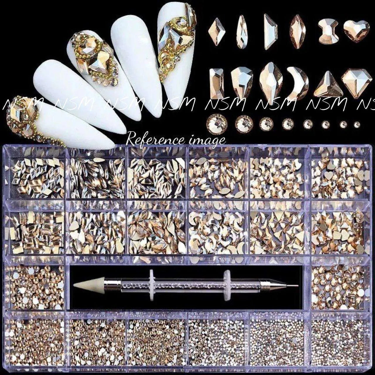 Multiple Sized Champagne Gold Rhinestones and Stone Picker Nail Art Set