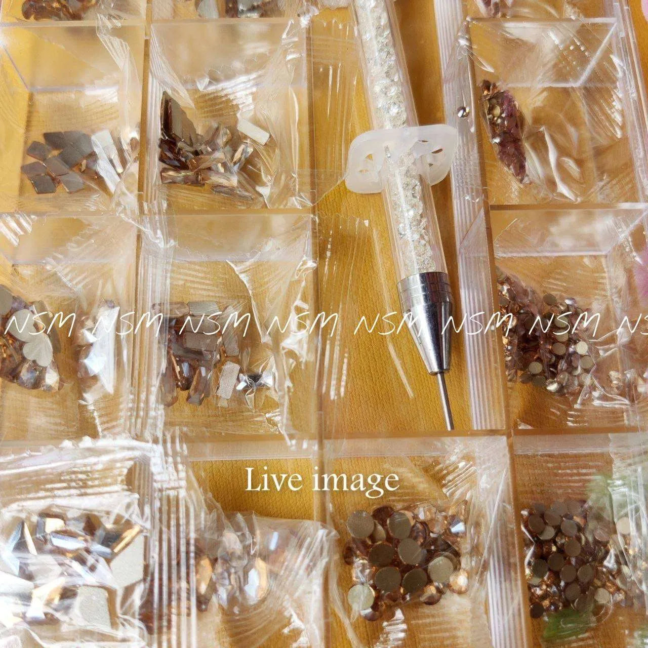 Multiple Sized Champagne Gold Rhinestones and Stone Picker Nail Art Set