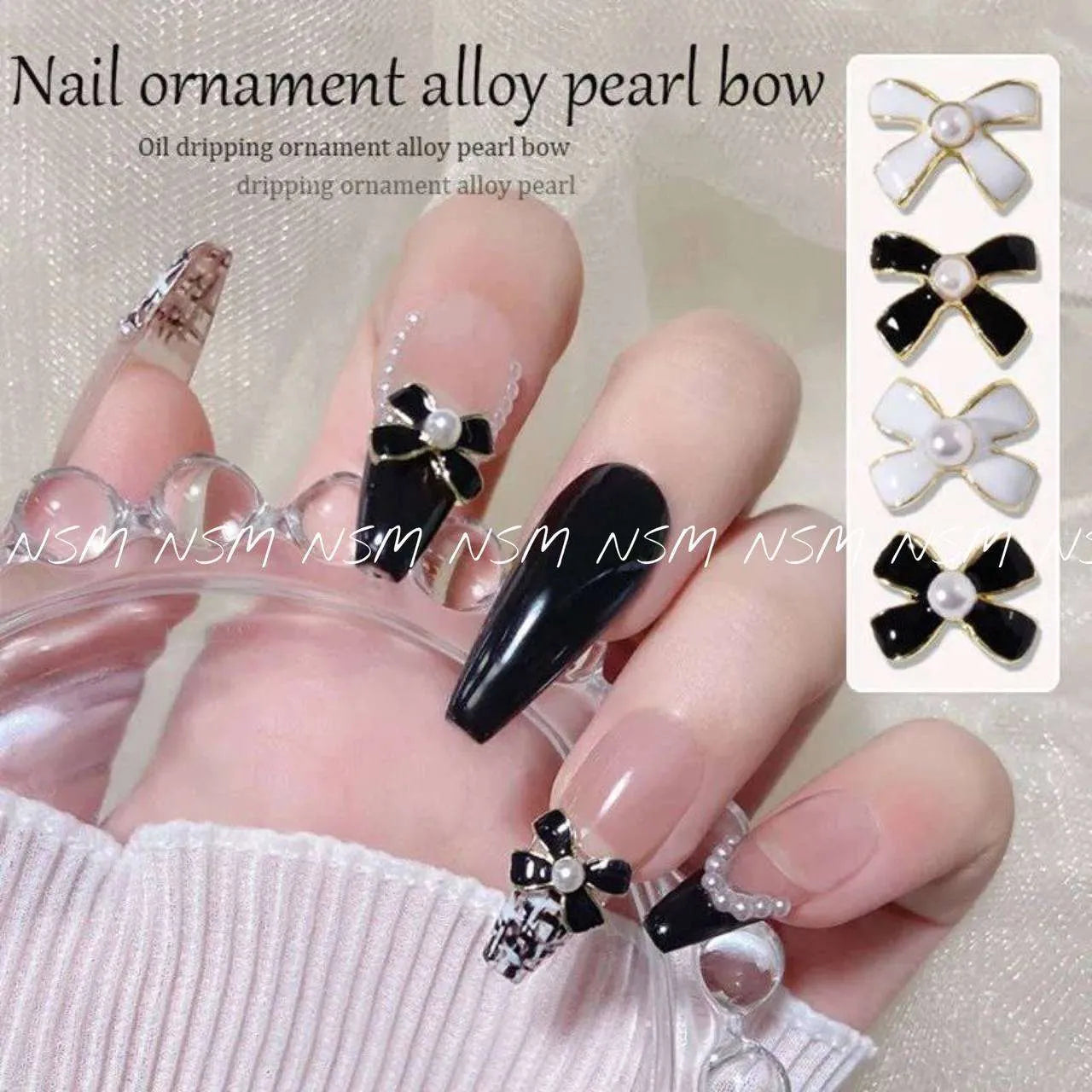 Black And White Pearl Bow Nail Charms (Pack of 10 Pcs)